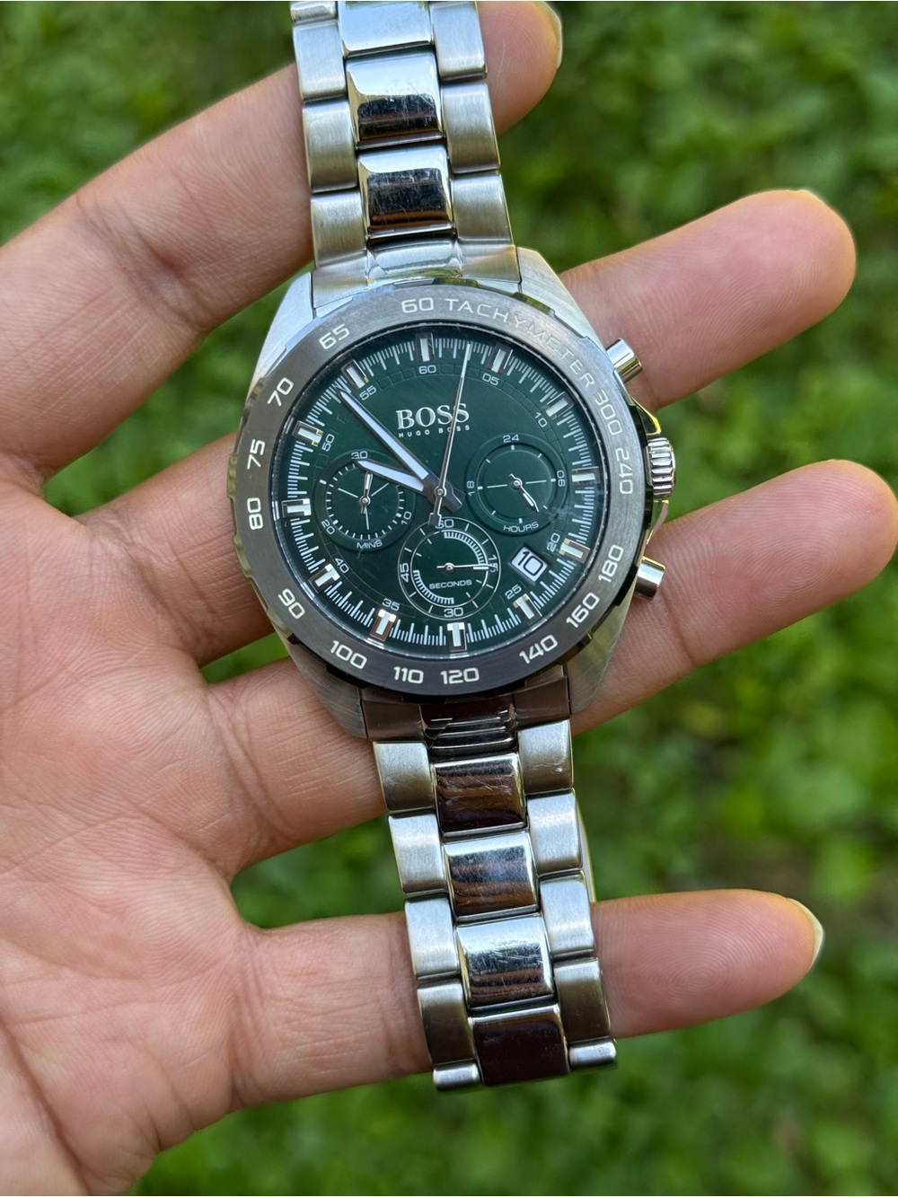 BOSS Silver Stainless Steel Chronograph with Green Dial Mens Watch